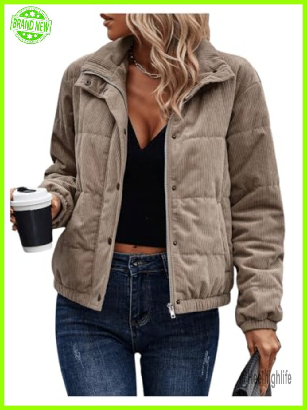 Corduroy Quilted Puffer Jacket Zip Up Padded Bomber